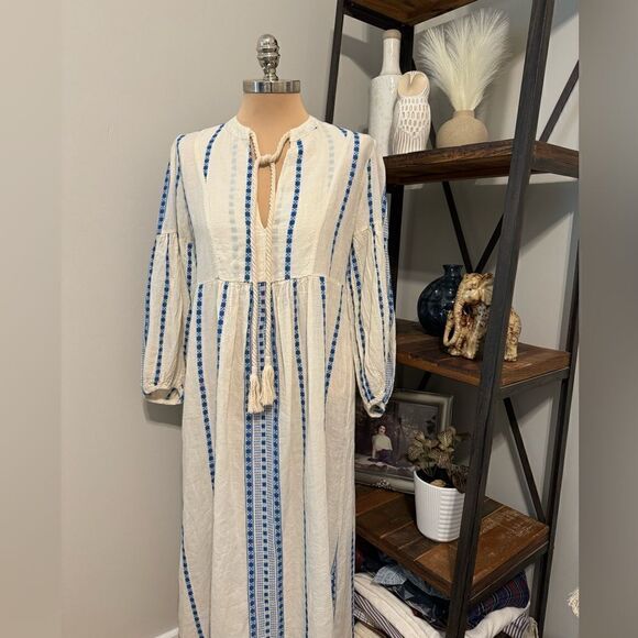 Pearl & Caviar MED White Blue Cotton Maxi Dress S18P1041 - Picture 1 of 11